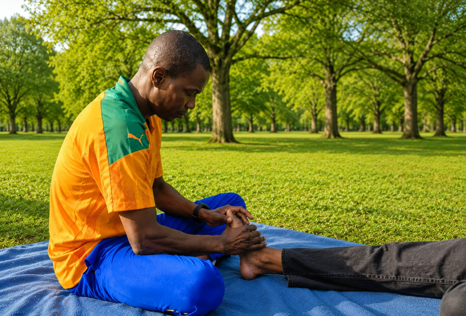 Outdoor reflexology session with the founder