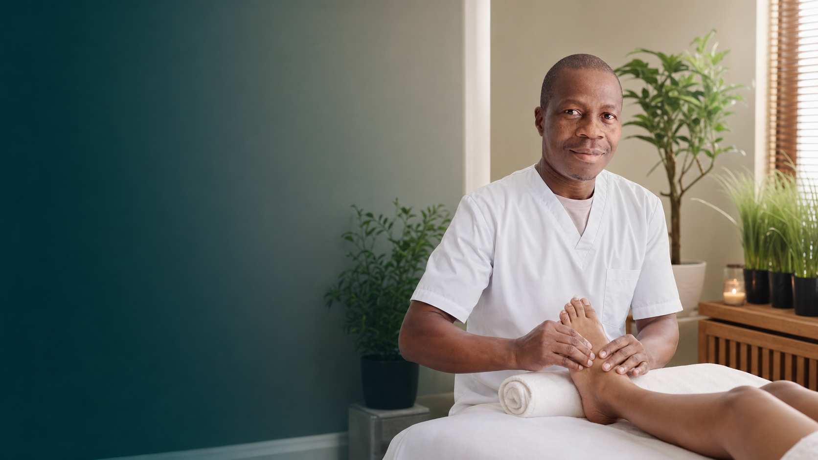 Koffi Rodrigue Amani offering professional reflexology in a calm treatment room