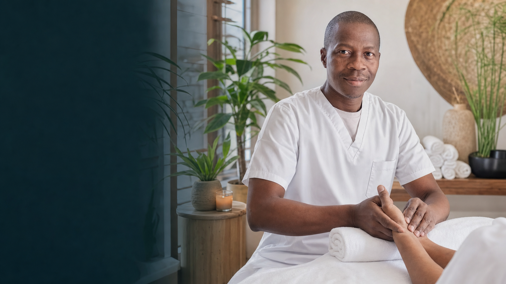 Black African male reflexologist supporting a client during a calm reflexology session